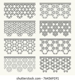Set of black seamless borders, line patterns. Tribal ethnic arabic, indian decorative ornaments, fashion lace collection. Isolated design elements for headline, banners, wedding invitation cards