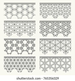 Set of black seamless borders, line patterns. Tribal ethnic arabic, indian decorative ornaments, fashion lace collection. Isolated design elements for headline, banners, wedding invitation cards