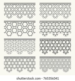 Set of black seamless borders, line patterns. Tribal ethnic arabic, indian decorative ornaments, fashion lace collection. Isolated design elements for headline, banners, wedding invitation cards