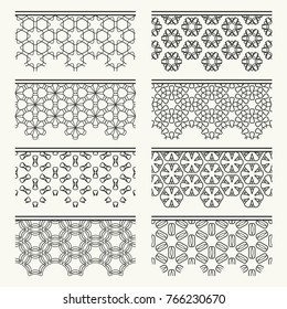 Set of black seamless borders, line patterns. Tribal ethnic arabic, indian decorative ornaments, fashion lace collection. Isolated design elements for headline, banners, wedding invitation cards