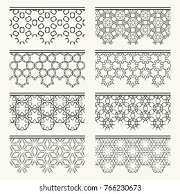 Set of black seamless borders, line patterns. Tribal ethnic arabic, indian decorative ornaments, fashion lace collection. Isolated design elements for headline, banners, wedding invitation cards