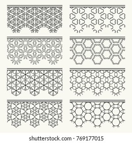 Set of black seamless borders, line patterns. Tribal ethnic arabic, indian decorative ornaments, fashion lace collection. Isolated design elements for headline, banners, wedding invitation cards