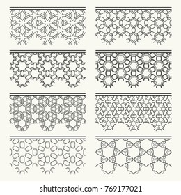 Set of black seamless borders, line patterns. Tribal ethnic arabic, indian decorative ornaments, fashion lace collection. Isolated design elements for headline, banners, wedding invitation cards