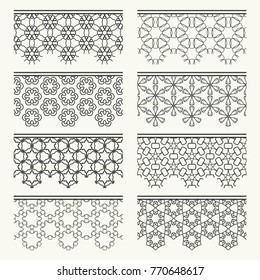 Set of black seamless borders, line patterns. Tribal ethnic arabic, indian decorative ornaments, fashion lace collection. Isolated design elements for headline, banners, wedding invitation cards