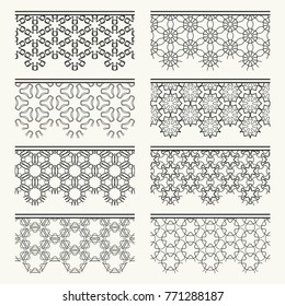 Set of black seamless borders, line patterns. Tribal ethnic arabic, indian decorative ornaments, fashion lace collection. Isolated design elements for headline, banners, wedding invitation cards
