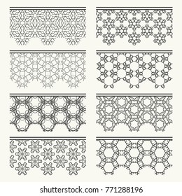 Set of black seamless borders, line patterns. Tribal ethnic arabic, indian decorative ornaments, fashion lace collection. Isolated design elements for headline, banners, wedding invitation cards