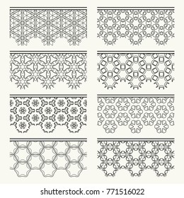 Set of black seamless borders, line patterns. Tribal ethnic arabic, indian decorative ornaments, fashion lace collection. Isolated design elements for headline, banners, wedding invitation cards