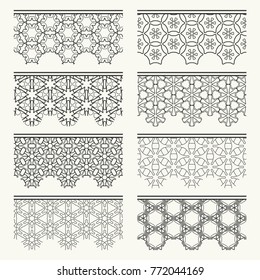 Set of black seamless borders, line patterns. Tribal ethnic arabic, indian decorative ornaments, fashion lace collection. Isolated design elements for headline, banners, wedding invitation cards