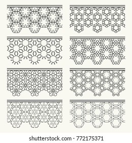 Set of black seamless borders, line patterns. Tribal ethnic arabic, indian decorative ornaments, fashion lace collection. Isolated design elements for headline, banners, wedding invitation cards