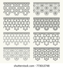 Set of black seamless borders, line patterns. Tribal ethnic arabic, indian decorative ornaments, fashion lace collection. Isolated design elements for headline, banners, wedding invitation cards