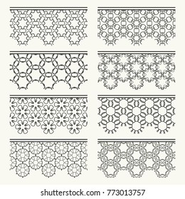 Set of black seamless borders, line patterns. Tribal ethnic arabic, indian decorative ornaments, fashion lace collection. Isolated design elements for headline, banners, wedding invitation cards