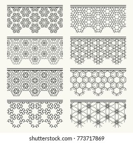 Set of black seamless borders, line patterns. Tribal ethnic arabic, indian decorative ornaments, fashion lace collection. Isolated design elements for headline, banners, wedding invitation cards