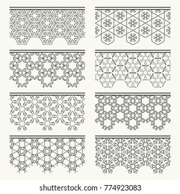 Set of black seamless borders, line patterns. Tribal ethnic arabic, indian decorative ornaments, fashion lace collection. Isolated design elements for headline, banners, wedding invitation cards