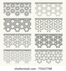 Set of black seamless borders, line patterns. Tribal ethnic arabic, indian decorative ornaments, fashion lace collection. Isolated design elements for headline, banners, wedding invitation cards