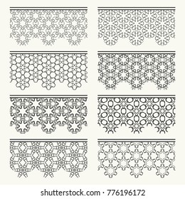Set of black seamless borders, line patterns. Tribal ethnic arabic, indian decorative ornaments, fashion lace collection. Isolated design elements for headline, banners, wedding invitation cards