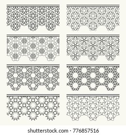 Set of black seamless borders, line patterns. Tribal ethnic arabic, indian decorative ornaments, fashion lace collection. Isolated design elements for headline, banners, wedding invitation cards