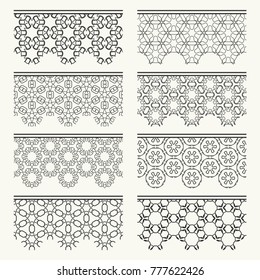 Set of black seamless borders, line patterns. Tribal ethnic arabic, indian decorative ornaments, fashion lace collection. Isolated design elements for headline, banners, wedding invitation cards