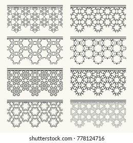 Set of black seamless borders, line patterns. Tribal ethnic arabic, indian decorative ornaments, fashion lace collection. Isolated design elements for headline, banners, wedding invitation cards