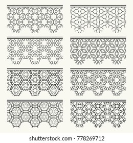 Set of black seamless borders, line patterns. Tribal ethnic arabic, indian decorative ornaments, fashion lace collection. Isolated design elements for headline, banners, wedding invitation cards