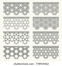 Set of black seamless borders, line patterns. Tribal ethnic arabic, indian decorative ornaments, fashion lace collection. Isolated design elements for headline, banners, wedding invitation cards