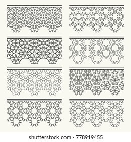 Set of black seamless borders, line patterns. Tribal ethnic arabic, indian decorative ornaments, fashion lace collection. Isolated design elements for headline, banners, wedding invitation cards