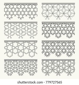 Set of black seamless borders, line patterns. Tribal ethnic arabic, indian decorative ornaments, fashion lace collection. Isolated design elements for headline, banners, wedding invitation cards