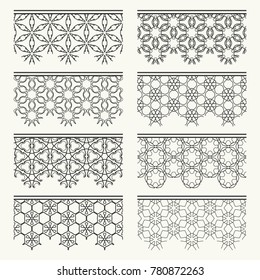 Set of black seamless borders, line patterns. Tribal ethnic arabic, indian decorative ornaments, fashion lace collection. Isolated design elements for headline, banners, wedding invitation cards