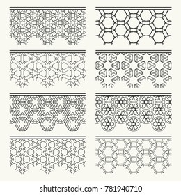 Set of black seamless borders, line patterns. Tribal ethnic arabic, indian decorative ornaments, fashion lace collection. Isolated design elements for headline, banners, wedding invitation cards