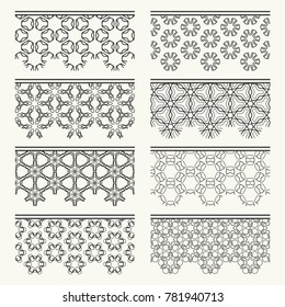 Set of black seamless borders, line patterns. Tribal ethnic arabic, indian decorative ornaments, fashion lace collection. Isolated design elements for headline, banners, wedding invitation cards