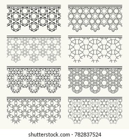 Set of black seamless borders, line patterns. Tribal ethnic arabic, indian decorative ornaments, fashion lace collection. Isolated design elements for headline, banners, wedding invitation cards