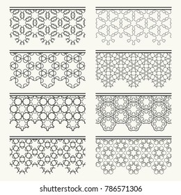 Set of black seamless borders, line patterns. Tribal ethnic arabic, indian decorative ornaments, fashion lace collection. Isolated design elements for headline, banners, wedding invitation cards