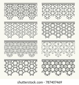 Set of black seamless borders, line patterns. Tribal ethnic arabic, indian decorative ornaments, fashion lace collection. Isolated design elements for headline, banners, wedding invitation cards