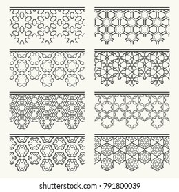 Set of black seamless borders, line patterns. Tribal ethnic arabic, indian decorative ornaments, fashion lace collection. Isolated design elements for headline, banners, wedding invitation cards