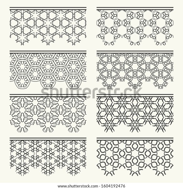 Set of black seamless borders, line patterns.\
Tribal ethnic arabic, indian decorative ornaments, fashion lace\
collection. Isolated design elements for headline, banners, wedding\
invitation cards