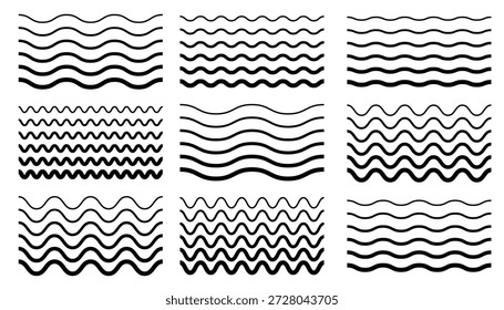 Eine Reihe von schwarzen nahtlosen Halbtonwellenlinien und -rändern mit unterschiedlichen Dicken und Frequenzen. Gestreifte unendlich lockige Muster oder Rahmen. Ideal für abstrakte Designs, einfache Muster.