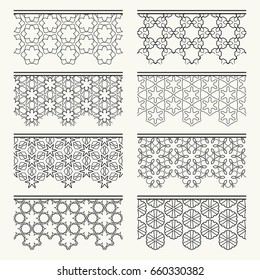 Set of black seamless line borders.. Tribal ethnic arabic, indian, turkish decorative ornaments, fashion collection. Isolated lace elements for headline, banners, wedding invitation cards