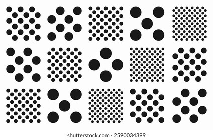 Set of black seamless polka dot patterns. Round circle shapes in Memphis style, ideal for modern backgrounds and wallpapers. Geometric vector design with minimalistic and artistic elements