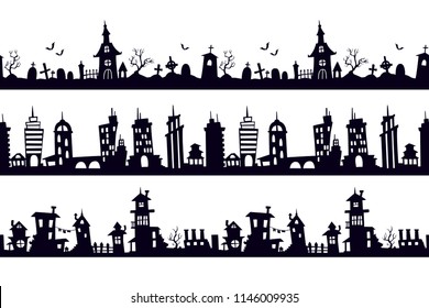 Set of black seamless silhouette landscapes. Vector templates for decorative wall stickers.