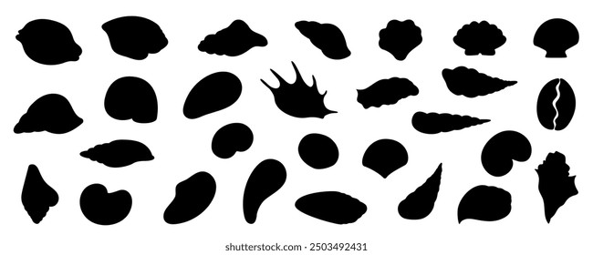 Set of black seashell silhouettes on a white background. Includes different types of seashells, perfect for beach, ocean, and marine themes. Aquatic and reef environment set.