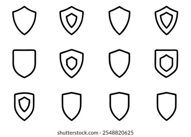 Set of black security shield icons, symbolizing protection and safety. Ideal for security, privacy, and police-related designs. Simple vector illustrations with police badge shapes.