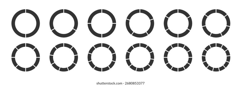 Set of Black segmented rings. Donut divided on 2 3 4 5 6 7 8 9 10 11 12 13parts. Pie chart icons. Minimal diagram for infographic, UI design, digital dashboards, visual data