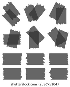 Set of black semi-transparent washi tapes isolated on white. Tapes collection in vector. Pieces of decorative tape for scrapbooks. Torn paper	