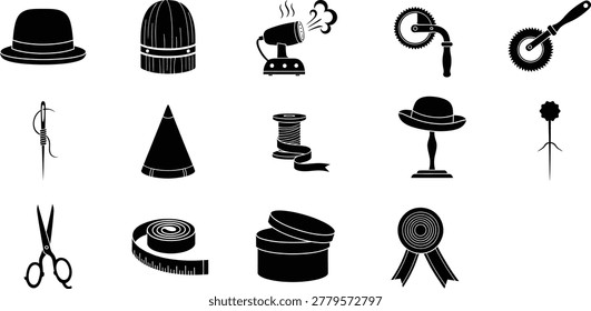 Set of black sewing tailor and millinery icons representing fashion design and craft tools