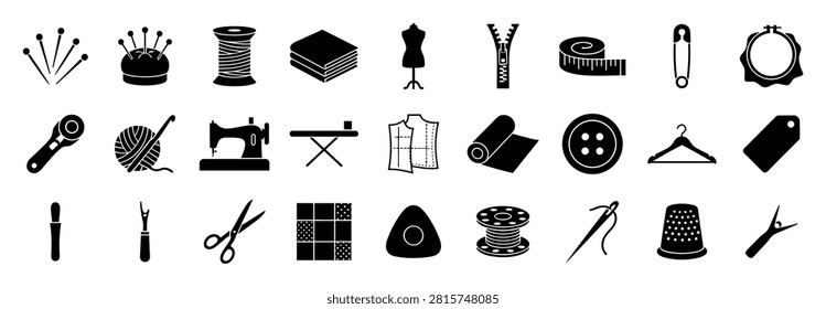 Set of black sewing and tailoring icons including pins, needles, thread, fabric, scissors, sewing machine, dress form, zipper, tape measure and thimble on transparent background