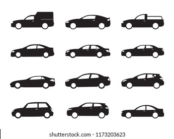 Set black shapes and Icons of Cars. Vector Illustration.