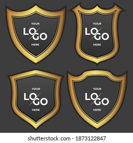 a set of Black shield with golden frame isolated on VIP background. Vector luxury design element. element for logo place.