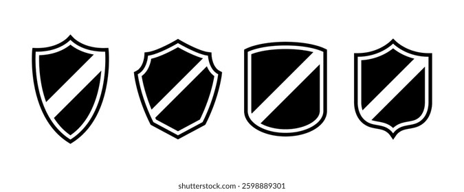 Set of Black Shield Icons with Diagonal Bands for Graphic Design