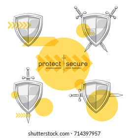 Set of black shield and sword logo outline vector illustration on white background with yellow color accent. Protect sings digital hand draw image. Secure concept.