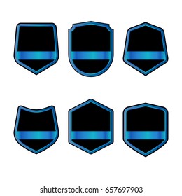 Set of black shields with blue ribbons in trendy flat style isolated on white background. Herald logo and medieval Shield symbol for your web site design, logo. Vector illustration. EPS10.