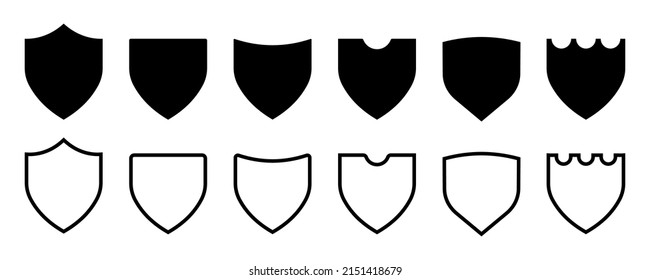 Fijado con escudos negros sobre fondo blanco. Símbolo de protección y seguridad. Colección de escudos en blanco.